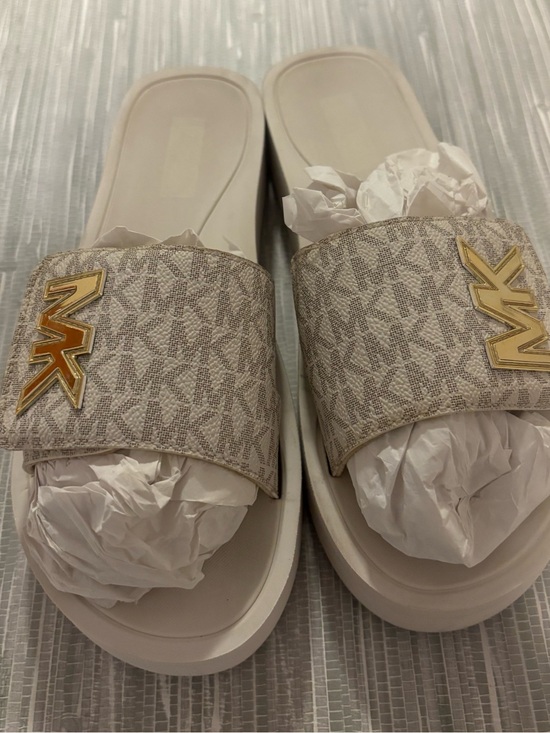 Michael Kors Shoes - Michael Kors Cream Beige MK Monogram Slide Sandals with Gold Logo
